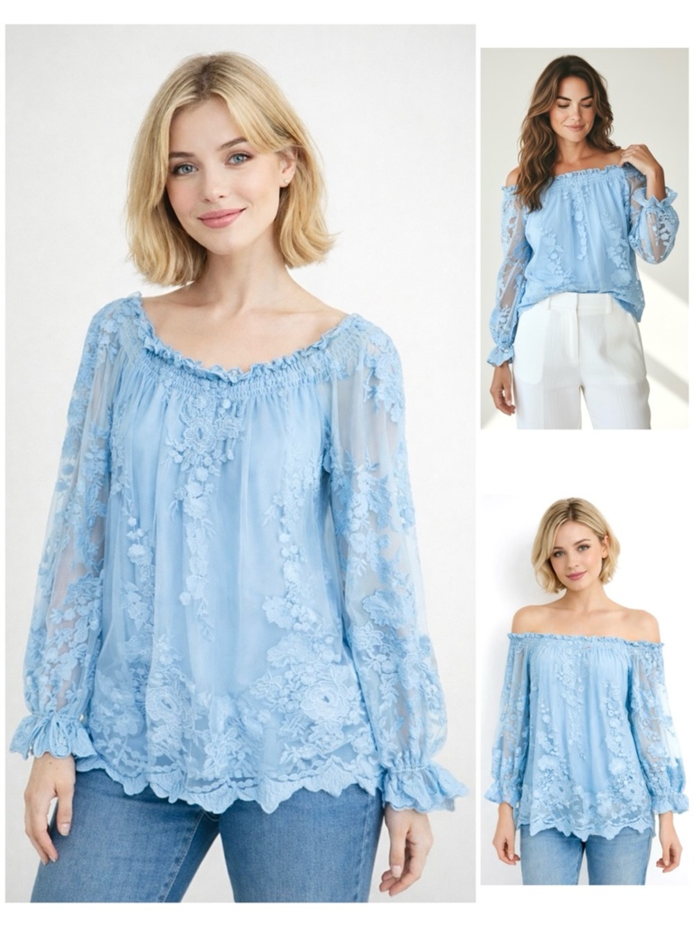 Marled Embroidered Floral Lace Blouse Off The Shoulder or Wide Neck Elastic Neck